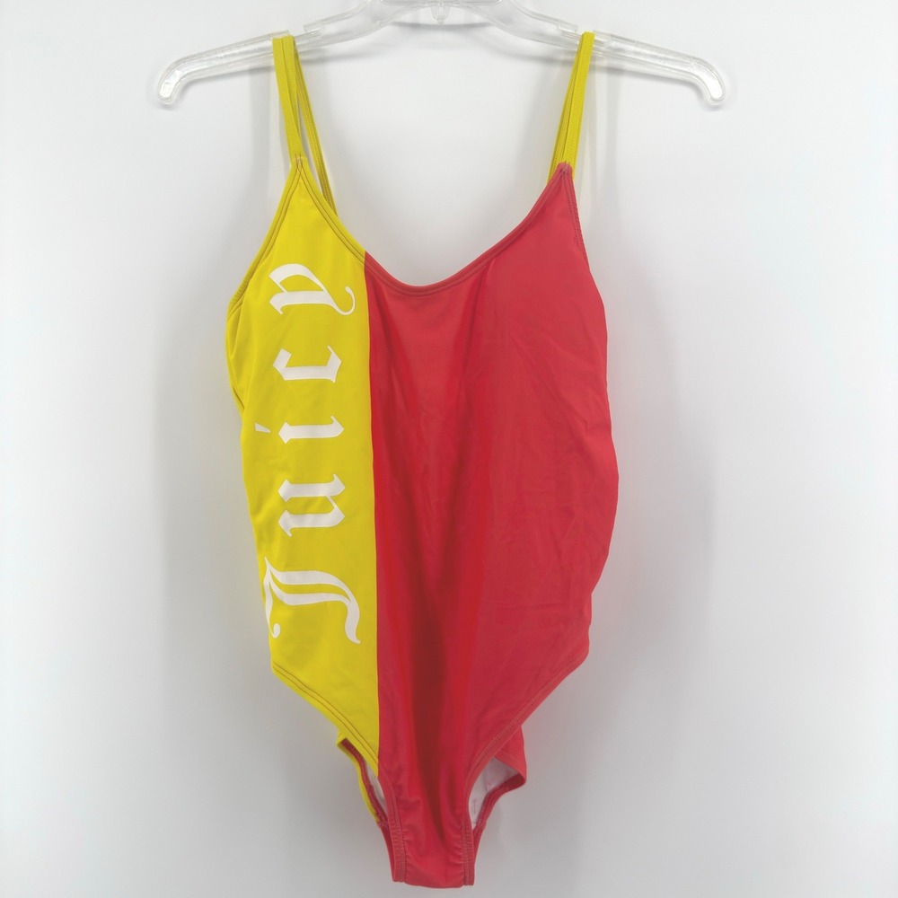 NEW Juicy Couture Color Block One Piece Scoop Swimsuit Swimwear Coral Yellow M